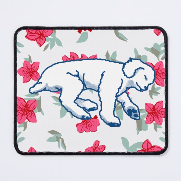 Item preview, white sleeping dog on Red azalea  designed and sold by Eastspacebubble.