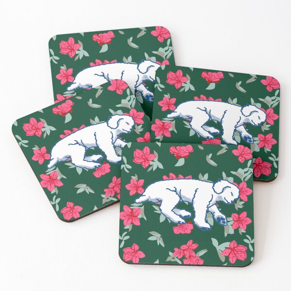 Item preview, white sleeping dog on Red azalea  designed and sold by Eastspacebubble.
