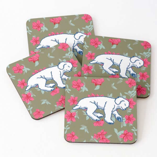 Item preview, white sleeping dog on Red azalea  designed and sold by Eastspacebubble.