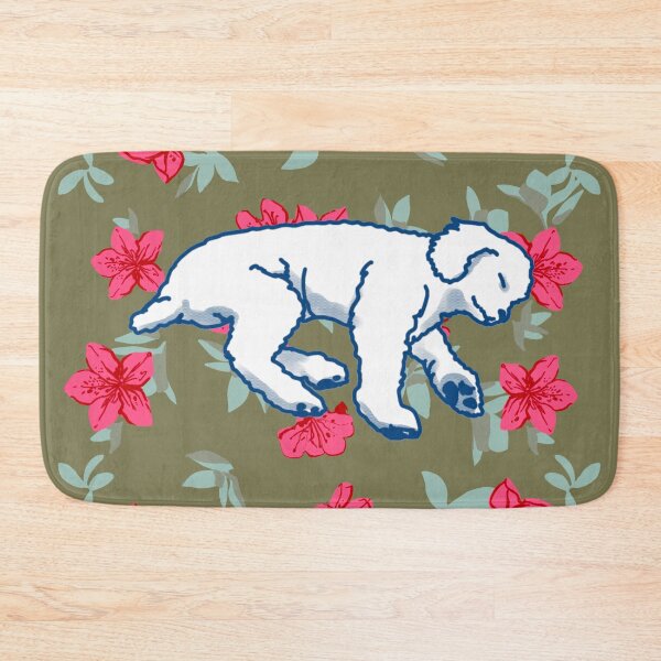 Item preview, white sleeping dog on Red azalea  designed and sold by Eastspacebubble.