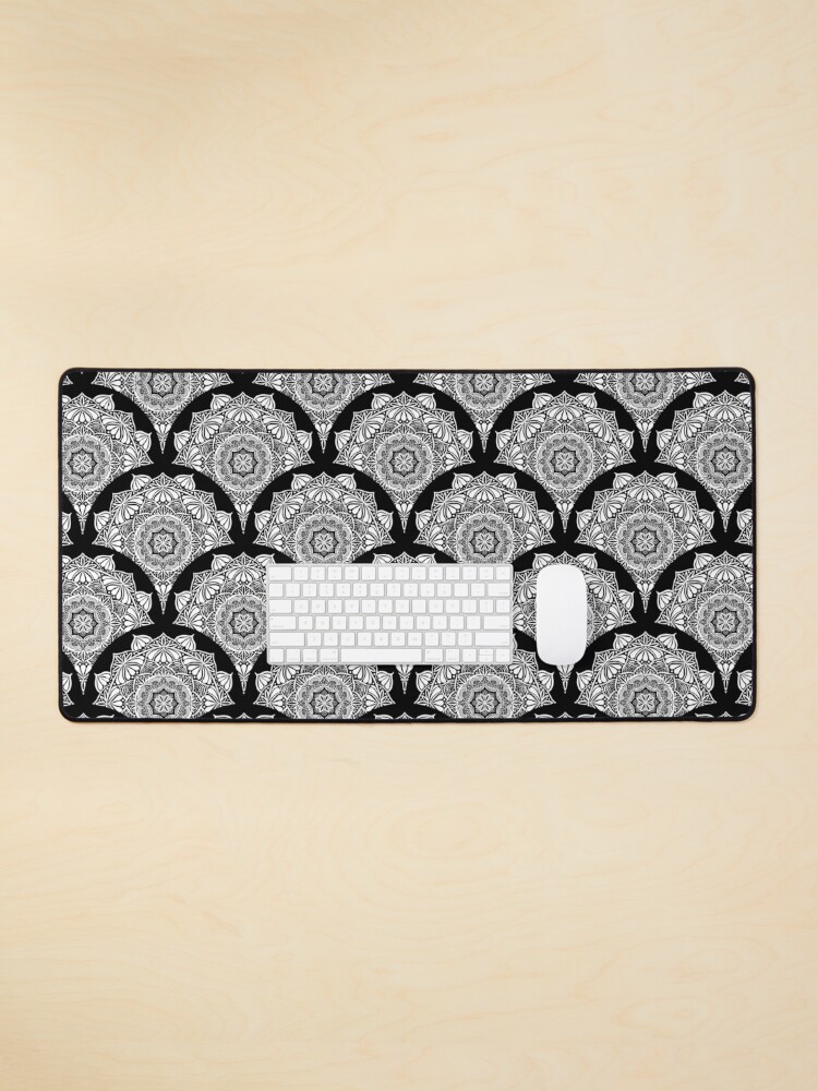 Mouse Pad, Monochrome Mandala Art Deco Scallop designed and sold by Triplicate Limited