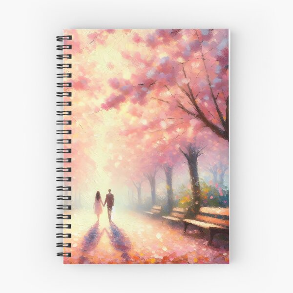 Item preview, a couple in love on a path with blooming pink trees designed and sold by bernhagen.