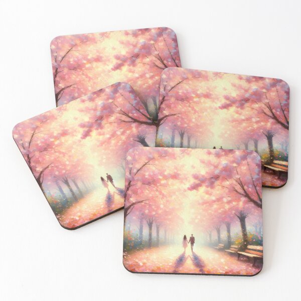 Item preview, a couple in love on a path with blooming pink trees designed and sold by bernhagen.