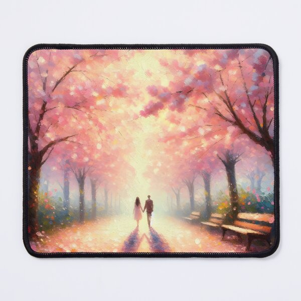 Item preview, a couple in love on a path with blooming pink trees designed and sold by bernhagen.