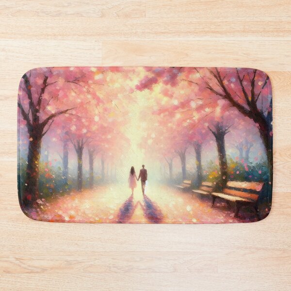 Item preview, a couple in love on a path with blooming pink trees designed and sold by bernhagen.