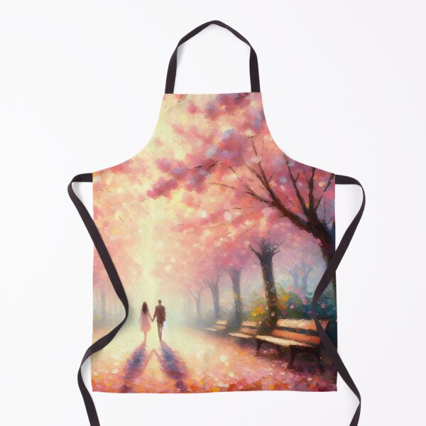 Item preview, a couple in love on a path with blooming pink trees designed and sold by bernhagen.