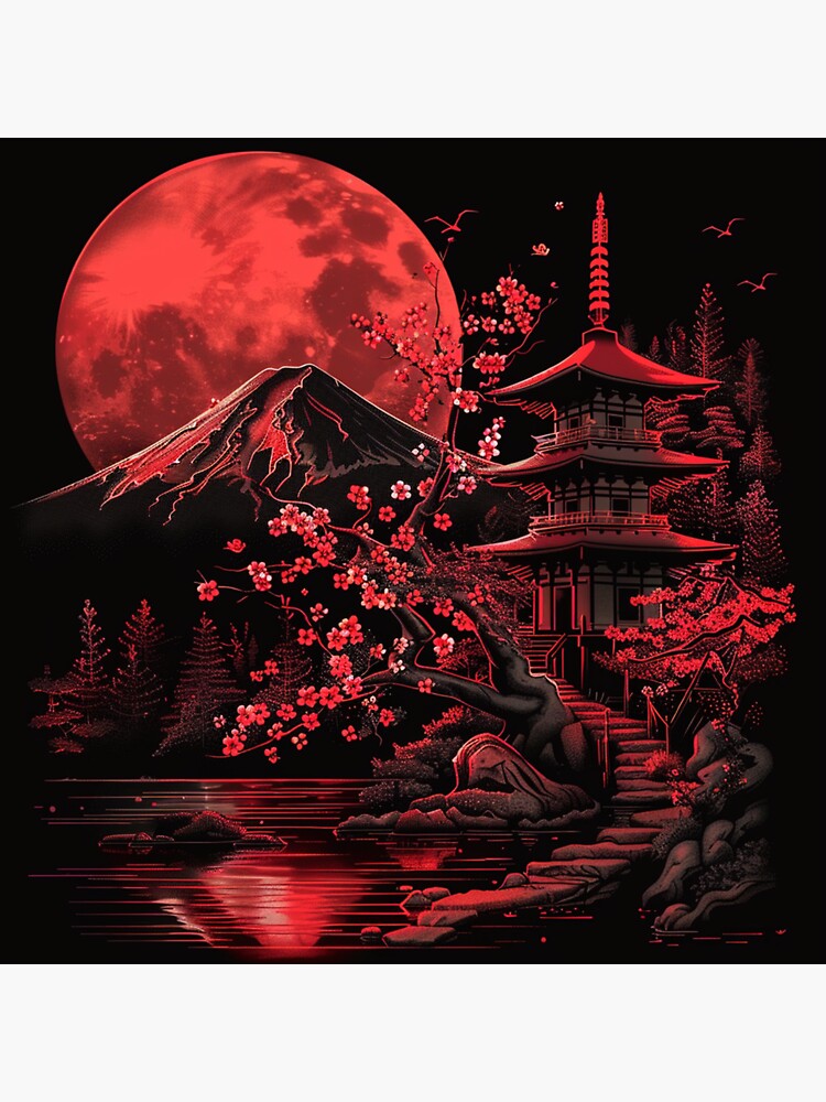 アート・デザイン・音楽 TOILETPAPER Red Edition Neon red and black Japanese temple with red moon and cherry