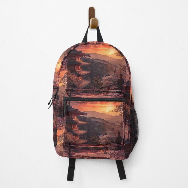 Item preview, Japanese man facing temple with sunset designed and sold by molly-josh-art.