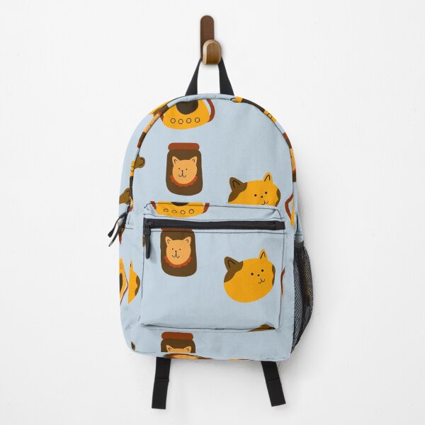 Item preview, Cheerful Pet Essentials: Cartoon Cat, Carrier Backpack, and Treats | Pastel Blue Background designed and sold by RM-Journey.