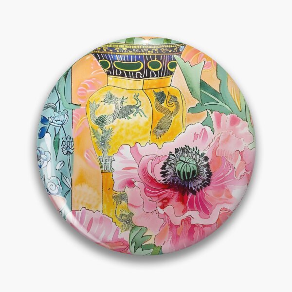 Item preview, Pink poppies in ginger jars on yellow designed and sold by SophieClimaArt.