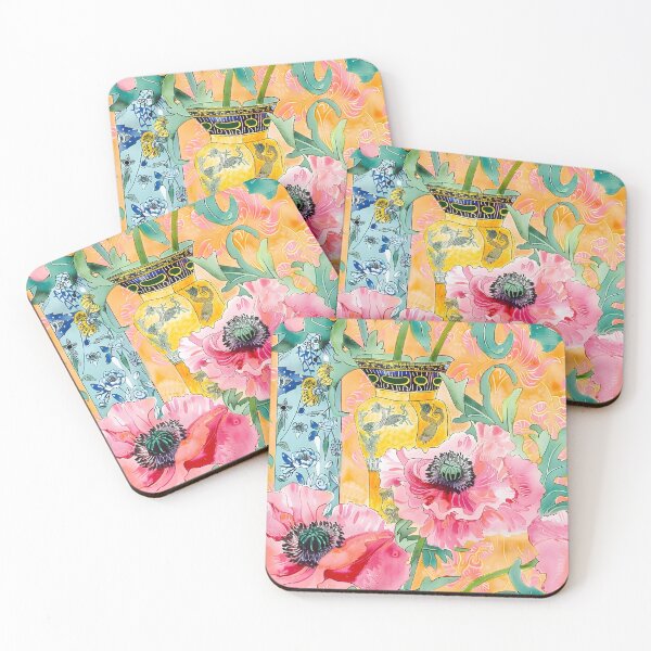 Item preview, Pink poppies in ginger jars on yellow designed and sold by SophieClimaArt.