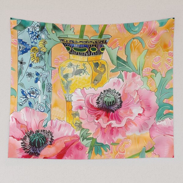 Item preview, Pink poppies in ginger jars on yellow designed and sold by SophieClimaArt.
