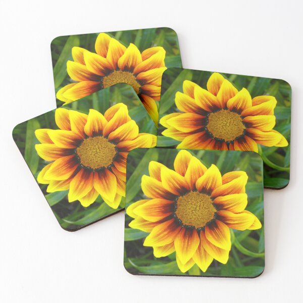 Item preview, Fiery and Fresh Gazania in Vibrant Yellow, Red, and Black with Green Leaves designed and sold by JoyousArt4u.