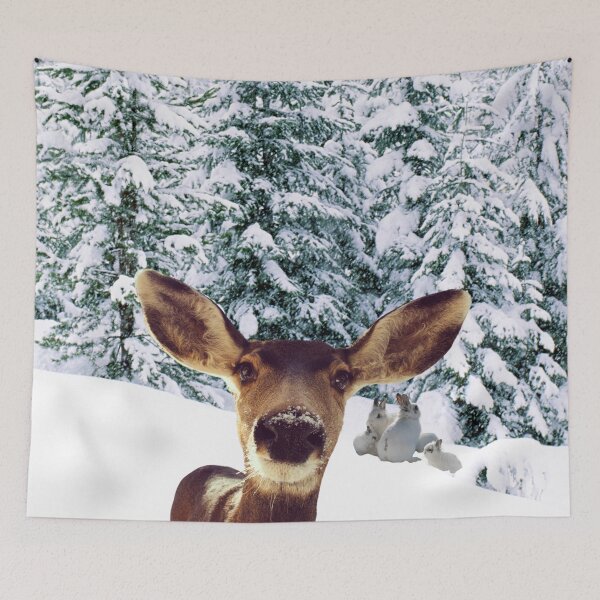 Item preview, Winter Scenery with Curious Deer and Bunnies designed and sold by WhiteSoftPetals.