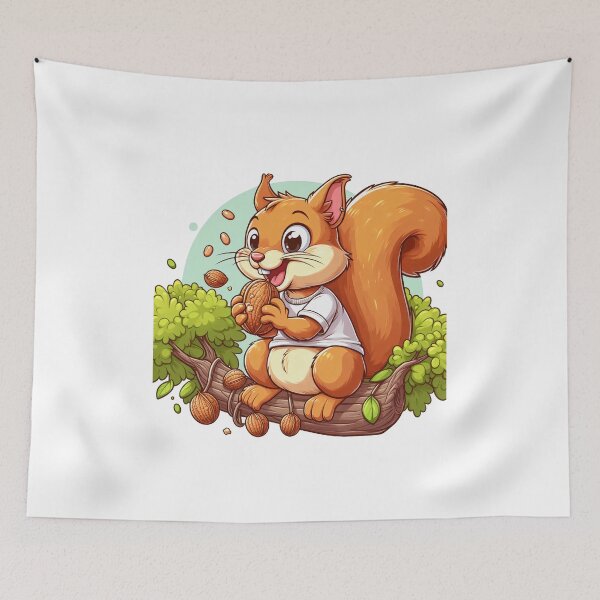 Item preview, cartoon of a squirrel wearing a t-shirt eating nuts on a tree  designed and sold by MzulhilmiZam.