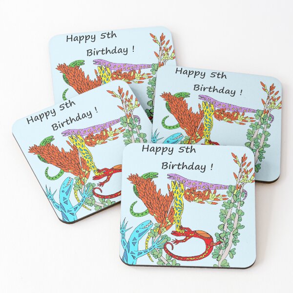 Item preview, Happy 5th Birthday with Colorful Lizards Celebrating on Ocotillo designed and sold by JoyousArt4u.