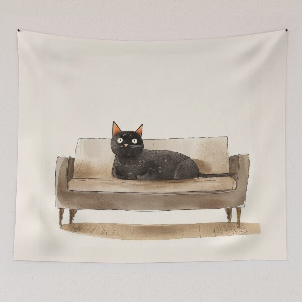 Item preview, Lounge Life: Contented Black Cat on a Beige Couch designed and sold by Retrocranio.