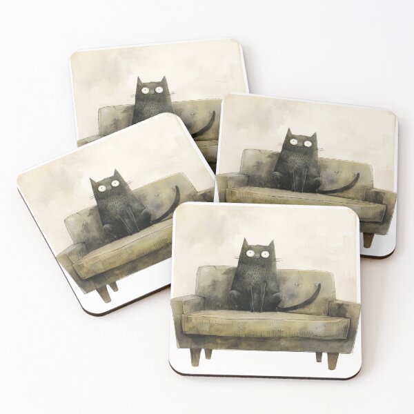 Item preview, Wide-Eyed Wonder: Black Cat on a Vintage Olive Couch designed and sold by Retrocranio.