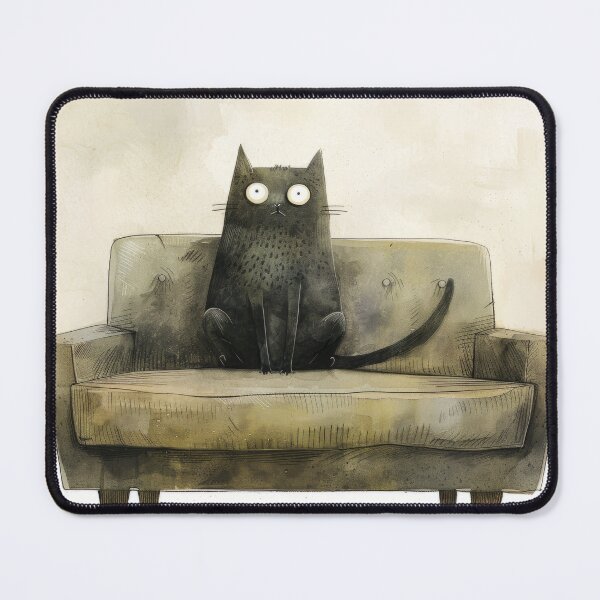 Item preview, Wide-Eyed Wonder: Black Cat on a Vintage Olive Couch designed and sold by Retrocranio.
