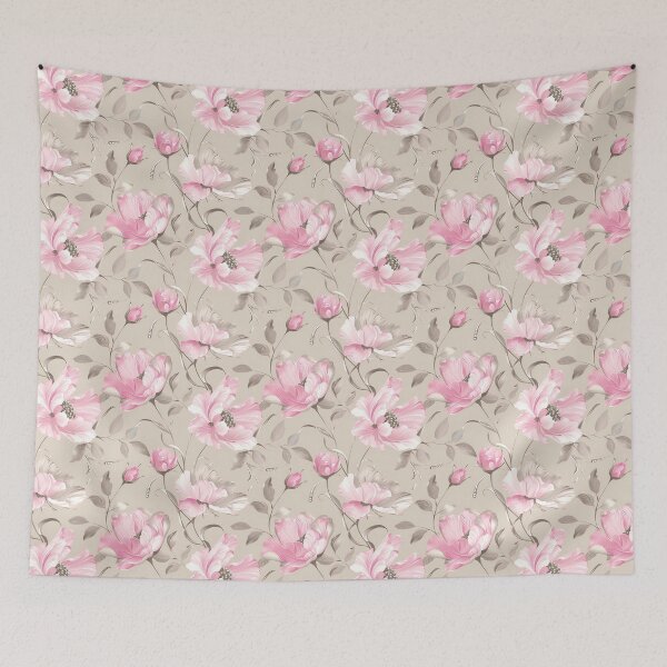 Item preview, Pink floral pattern, beige background. Large flowers with silver accents. designed and sold by pawmad.