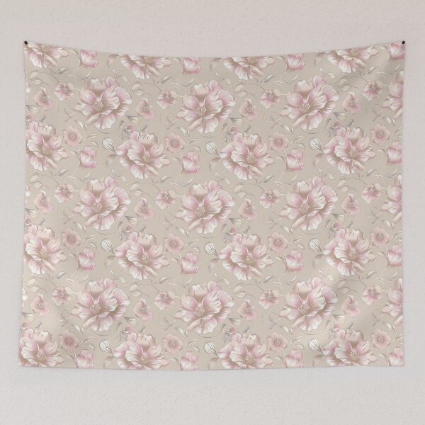 Item preview, Pink floral pattern, beige background. Large flowers with silver accents. designed and sold by pawmad.