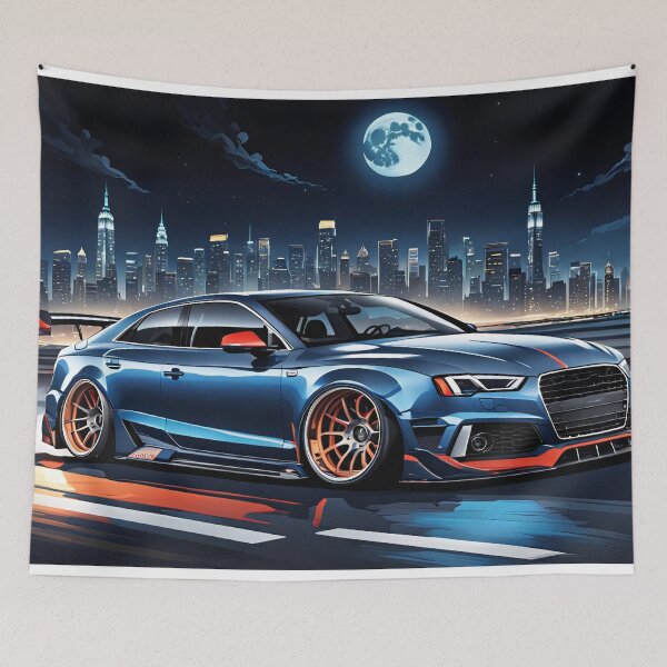 Item preview, Blue Audi S5 on the highway with city silhouette in the background designed and sold by Salimgor Hangaround Music.