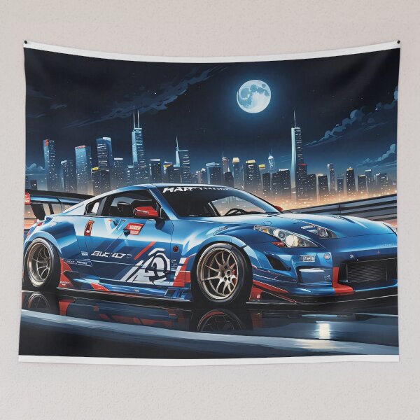Item preview, Light blue Nissan 350Z on the highway with city silhouette in the background designed and sold by Salimgor Hangaround Music.