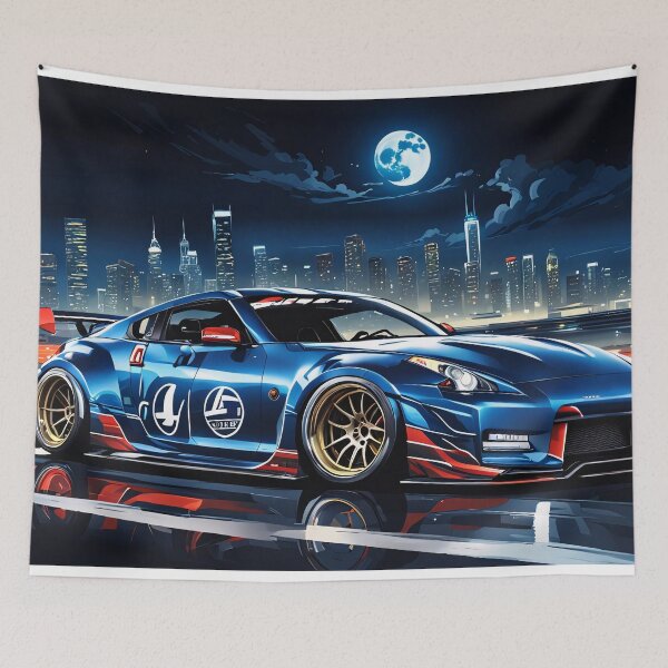 Item preview, Blue Red Nissan 350Z on the highway with city silhouette in the background designed and sold by Salimgor Hangaround Music.