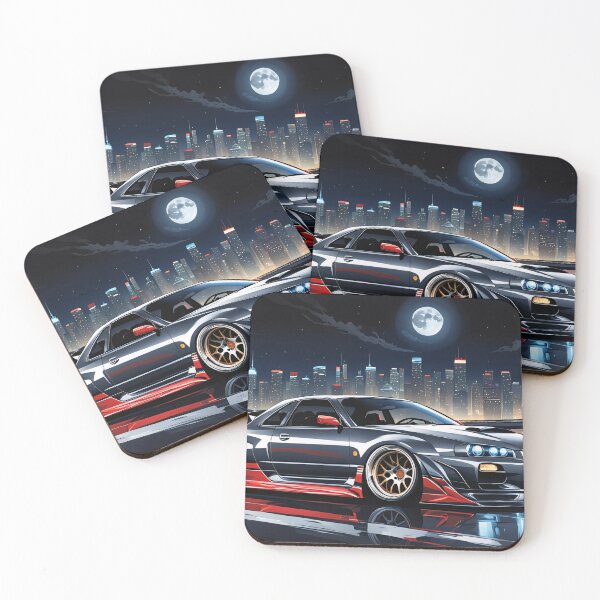 Item preview, Grey Red Nissan Skyline on the highway with city sillhouette in the background designed and sold by Salimgor Hangaround Music.