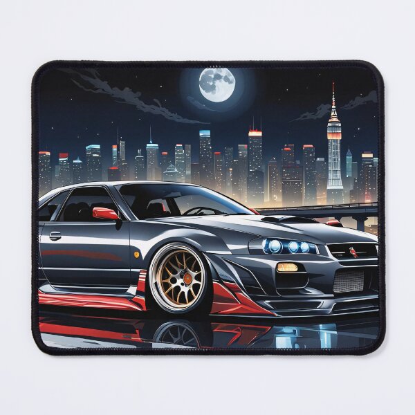 Item preview, Grey Red Nissan Skyline on the highway with city sillhouette in the background designed and sold by Salimgor Hangaround Music.