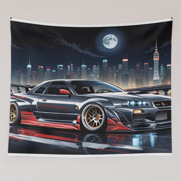 Item preview, Grey Red Nissan Skyline on the highway with city sillhouette in the background designed and sold by Salimgor Hangaround Music.