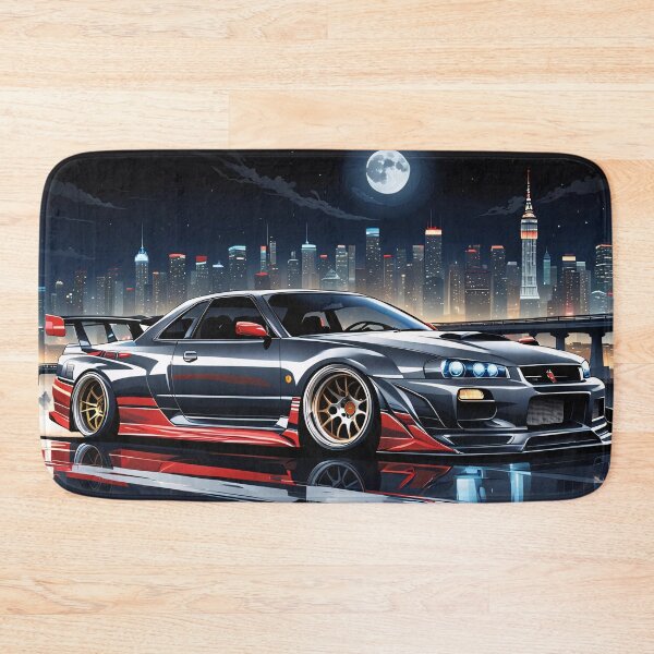 Item preview, Grey Red Nissan Skyline on the highway with city sillhouette in the background designed and sold by Salimgor Hangaround Music.