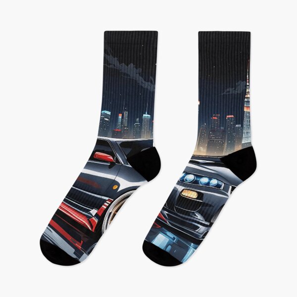 Item preview, Grey Red Nissan Skyline on the highway with city sillhouette in the background designed and sold by Salimgor Hangaround Music.