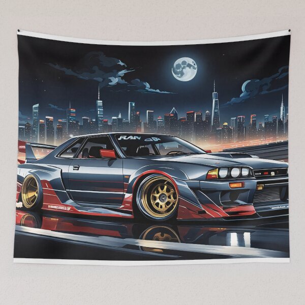 Item preview, Retro classic Nissan Skyline on the highway with city sillhouette in the background designed and sold by Salimgor Hangaround Music.