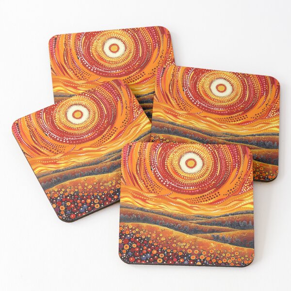 Item preview, Aboriginal Artwork, Flower Meadow at Sunset, Sun, Indigenous Australian Art, Dot Painting, Red, Orange, Yellow designed and sold by IuliiaArtPrints.