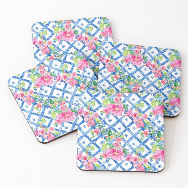 Item preview, Pink clematis flowers on blue and white chinoiserie lattice watercolor designed and sold by SophieClimaArt.