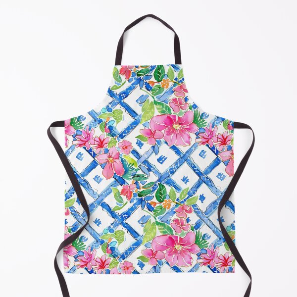 Item preview, Flores de clemátide rosa sobre acuarela de celosía chinoiserie azul y blanca designed and sold by SophieClimaArt.
