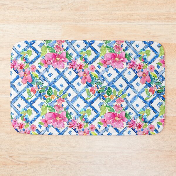 Item preview, Flores de clemátide rosa sobre acuarela de celosía chinoiserie azul y blanca designed and sold by SophieClimaArt.