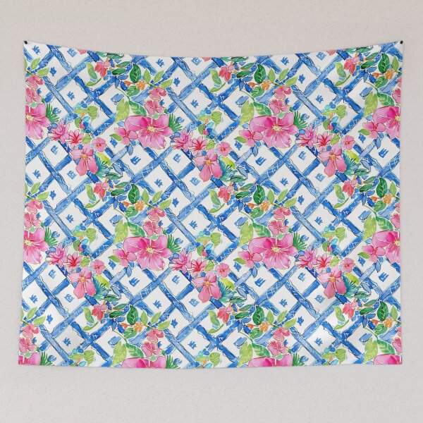 Item preview, Pink clematis flowers on blue and white chinoiserie lattice watercolor designed and sold by SophieClimaArt.