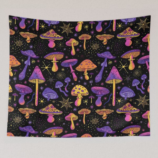 Item preview, Neon Mushrooms - magical forest purple and yellow - black background - psychedelic LSD retro wave designed and sold by Fantasy Cache.