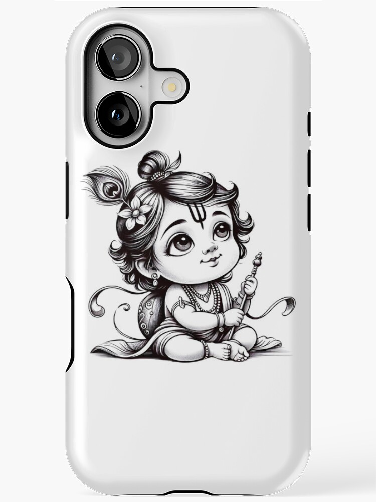 Baby Krishna Black and White, cute krishna cartoon style