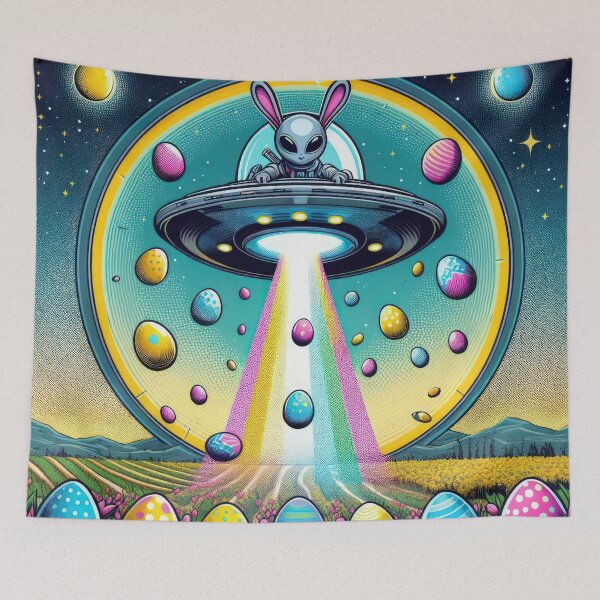 Item preview, UFO rabbit with flying saucer collects Easter eggs  Easter Funny animals  designed and sold by Expressions-Sel.