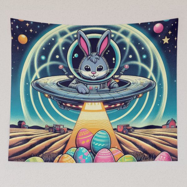 Item preview, Easter Funny animals UFO rabbit with flying saucer collects Easter eggs    designed and sold by Expressions-Sel.