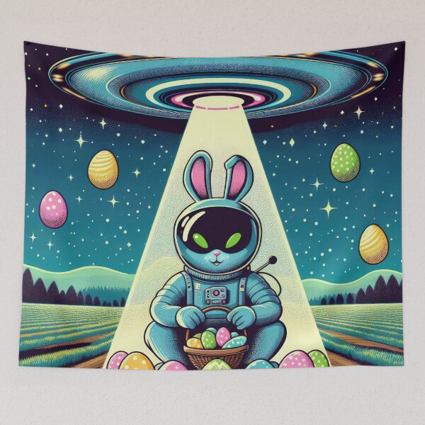 Item preview, UFO rabbit in a space suit collects Easter eggs in a basket Easter Funny animals designed and sold by Expressions-Sel.