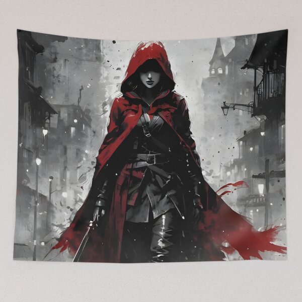 Item preview, Female Assassin in Red Cape - Dark Urban Ink Art designed and sold by ByteyCreatives.
