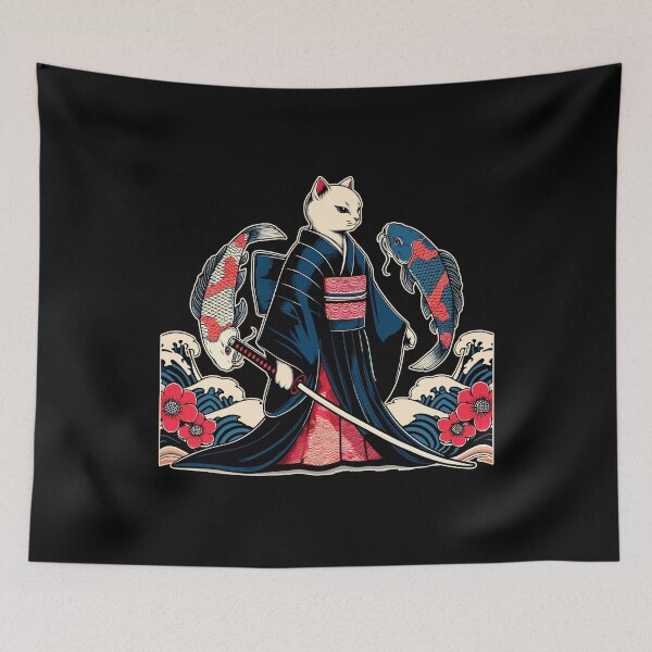 Aperçu de l'œuvre Kawaii Cat Anime Japanese Retro Samurai Novelty Funny Cat créée et vendue par KsuAnn.