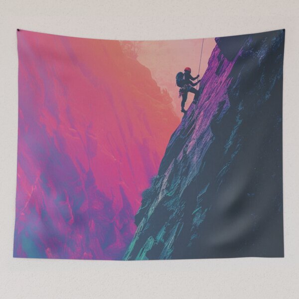 Item preview, Climber scaling ascending rocky cliff neon colour palette Active Outdoors Inspired Art designed and sold by CDC40.