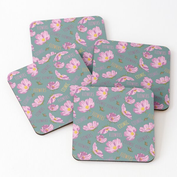 Item preview, Pink cosmic flowers blooming on a blue background. Pattern designed and sold by Deepness2023.