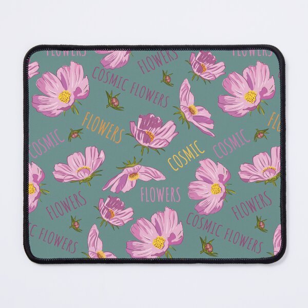 Item preview, Pink cosmic flowers blooming on a blue background. Pattern designed and sold by Deepness2023.