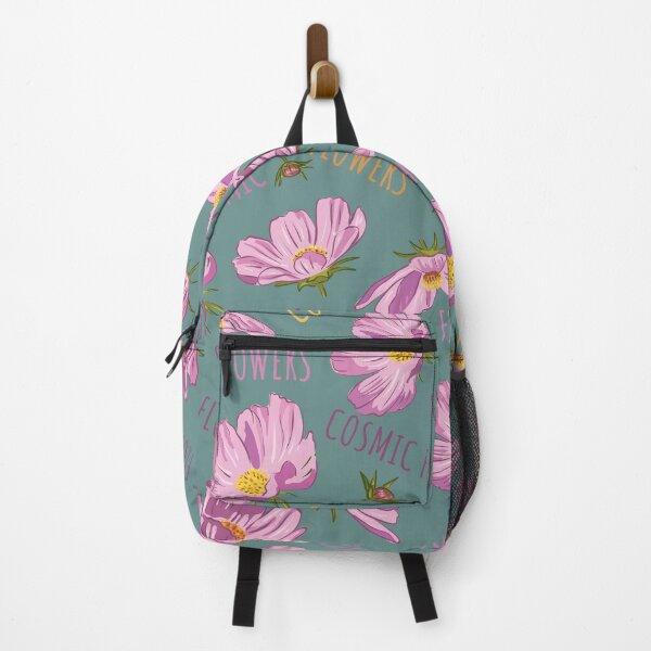 Item preview, Pink cosmic flowers blooming on a blue background. Pattern designed and sold by Deepness2023.